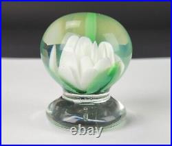 Charles Kaziun Jr. White Rose Flower Miniature Pedestal Art Glass Paperweight