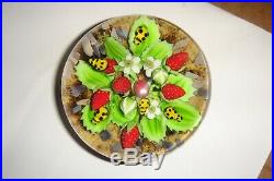 Clinton Smith Strawberries Yellow Ladybugs Art Glass Paperweight