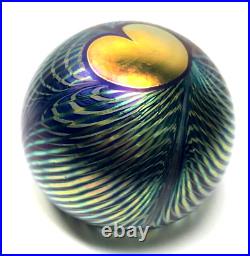 Correia Iridescent Glass Paperweight Pulled Feather Gold Heart Design Small 2