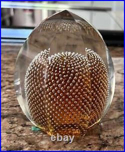 Czech Bohemian Bohemia 8 Facet Cut Crystal Glass Paperweight Abstract Amber MCM