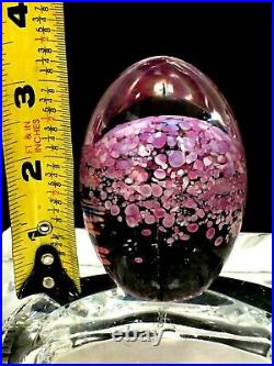 DAUM FRANCE Pink Flowers / Tree Art Glass Egg Shape Paperweight EXCELLENT
