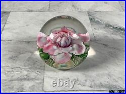 Daniel Salazar Lundberg Art Glass Pink Ruffled Rose Flower Paperweight 1988