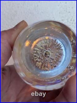 Daum France Signed Crystal Art Glass Golden Flower Bullicante Paperweight 3h