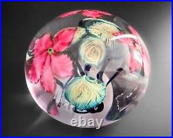 David Lotton 3.8 Wide Pink Flower Clematis Series Art Glass Paperweight