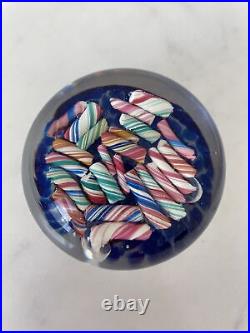 Ed Rithner Candy Cane Art Glass Paperweight Blue Bottom Millefiori