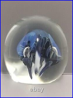 Eickholt Paperweight Cobalt Blue/White Trumpet Flowers w Opalescent Veils 3