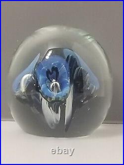 Eickholt Paperweight Cobalt Blue/White Trumpet Flowers w Opalescent Veils 3