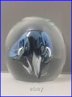 Eickholt Paperweight Cobalt Blue/White Trumpet Flowers w Opalescent Veils 3