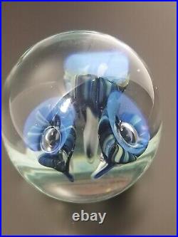 Eickholt Paperweight Cobalt Blue/White Trumpet Flowers w Opalescent Veils 3