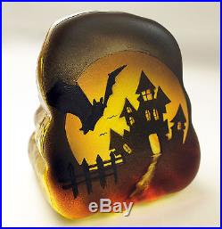 Fenton Art Glass Crystal Paperweight Halloween Full Moon, Bats & Pumpkin Design