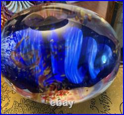 Fernandez Signed Studio Art Glass Paperweight Blue Swirl Infused With Color