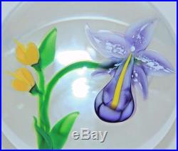 Gorgeous RANDALL GRUBB Bloomed ORCHID and Yellow FLOWERS Art Glass PAPERWEIGHT