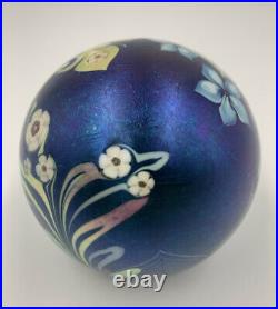 Grant Randolph Studio Blue Aurene Paperweight Signed Feather Pull Butterfly