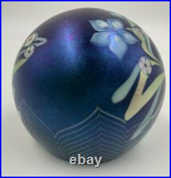 Grant Randolph Studio Blue Aurene Paperweight Signed Feather Pull Butterfly