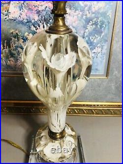 HUGE Vintage Art Glass Paperweight Lamp White Flower St Clair Hollywood Regency