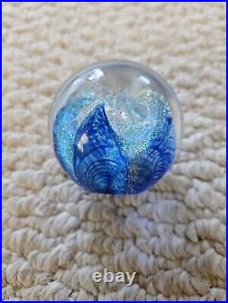 Hand Blown Glass Paperweight GES 1994 Blue Petal Irridescent Glitter Accents