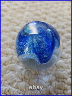 Hand Blown Glass Paperweight GES 1994 Blue Petal Irridescent Glitter Accents