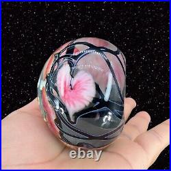 Hand Made Studio Art Glass Figurine Paperweight Pink Hearts Black Swirls Signed