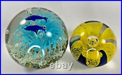 Handblown Art Glass Paperweight Nautical Coral & Dolphins Bubble And Flower 3