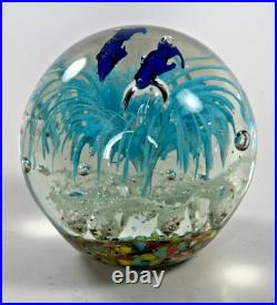 Handblown Art Glass Paperweight Nautical Coral & Dolphins Bubble And Flower 3