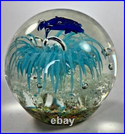 Handblown Art Glass Paperweight Nautical Coral & Dolphins Bubble And Flower 3