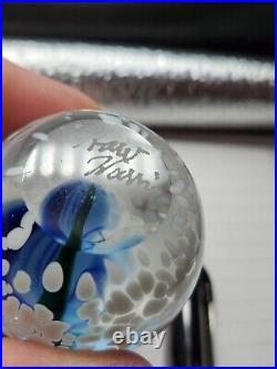 Harv Harris Signed Hand Blowen Glass Egg Paperweight Blue Flower Inside. AMAZING