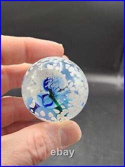 Harv Harris Signed Hand Blowen Glass Egg Paperweight Blue Flower Inside. AMAZING