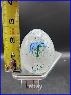 Harv Harris Signed Hand Blowen Glass Egg Paperweight Blue Flower Inside. AMAZING