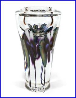 Heavy 1999 David Lotton Studio Art Glass Crystal Paperweight Vase Flowers 8.75