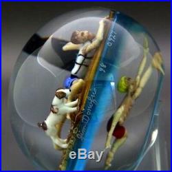 JIM D'ONOFRIO Two Boys & Two Dogs on Boat Art Glass Paperweight, Apr 2.5Hx3W