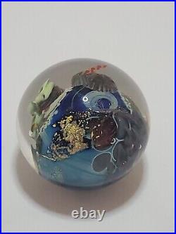 JOSH SIMPSON Art Glass 1.75 Marble Paperweight Inhabited Planet 1994 Vintage