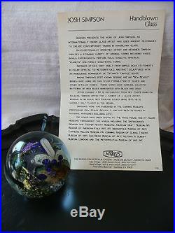 Josh Simpson 1990 Inhabited PlanetStudio Art Glass PaperweightSignedw Receipt
