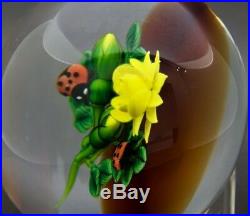KEN ROSENFELD Yellow Flowers and Ladybugs Art Glass Paperweight Apr 2.5Hx3W