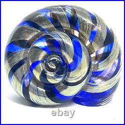 Karg Blue Silver Art Glass Shell Nautilus Paperweight Sculpture Hand Signed