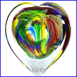 Karg Dichroic Paperweight Magnum Heart Art Glass Iridescent Veined 4.5 in Signed