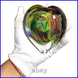 Karg Dichroic Paperweight Magnum Heart Art Glass Iridescent Veined 4.5 in Signed