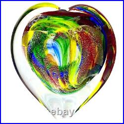 Karg Dichroic Paperweight Magnum Heart Art Glass Iridescent Veined 4.5 in Signed