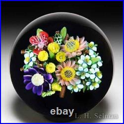 Ken Rosenfeld 2019 mixed flower bouquet on black ground paperweight