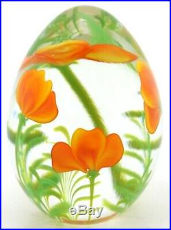 LARGE Stunning ORIENT & FLUME Orange POPPY FLOWERS Studio Art Glass PAPERWEIGHT