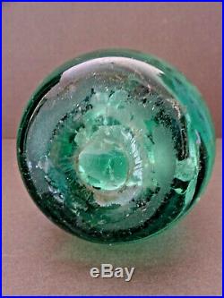 LATE 19thC VICTORIAN GREEN GLASS DUMP PAPERWEIGHT, WITH FOIL FLOWER DECORATION