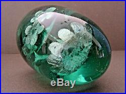 LATE 19thC VICTORIAN GREEN GLASS DUMP PAPERWEIGHT, WITH FOIL FLOWER DECORATION