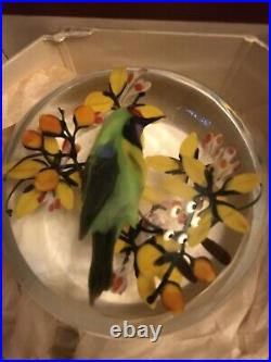 LE Vintage Signed Rick Ayotte 1985 Art Glass Paperweight Bird Flowers