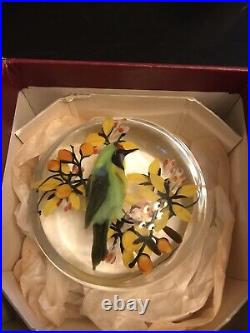 LE Vintage Signed Rick Ayotte 1985 Art Glass Paperweight Bird Flowers