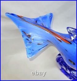 Large 12Hand Blown Encased Art Glass Blue/Orange Fish