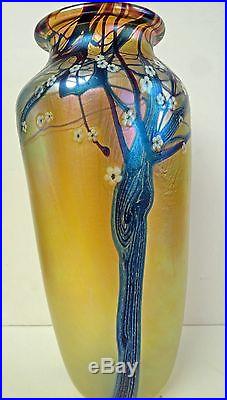 Large Art Glass Orient &Flume Iridescent Gold Hawthorne Blossoms Murrhinis vase