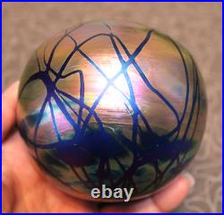 Levay paperweight Signed Art Glass Iridescent Hand Blown Intaglio threaded