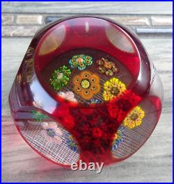 MAGNUM Murano Art Glass Ruby Overlay Cut Faceted Millefiori Rondelle Paperweight