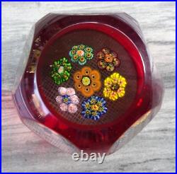 MAGNUM Murano Art Glass Ruby Overlay Cut Faceted Millefiori Rondelle Paperweight