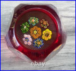 MAGNUM Murano Art Glass Ruby Overlay Cut Faceted Millefiori Rondelle Paperweight