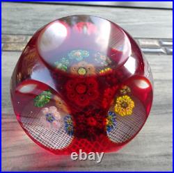 MAGNUM Murano Art Glass Ruby Overlay Cut Faceted Millefiori Rondelle Paperweight